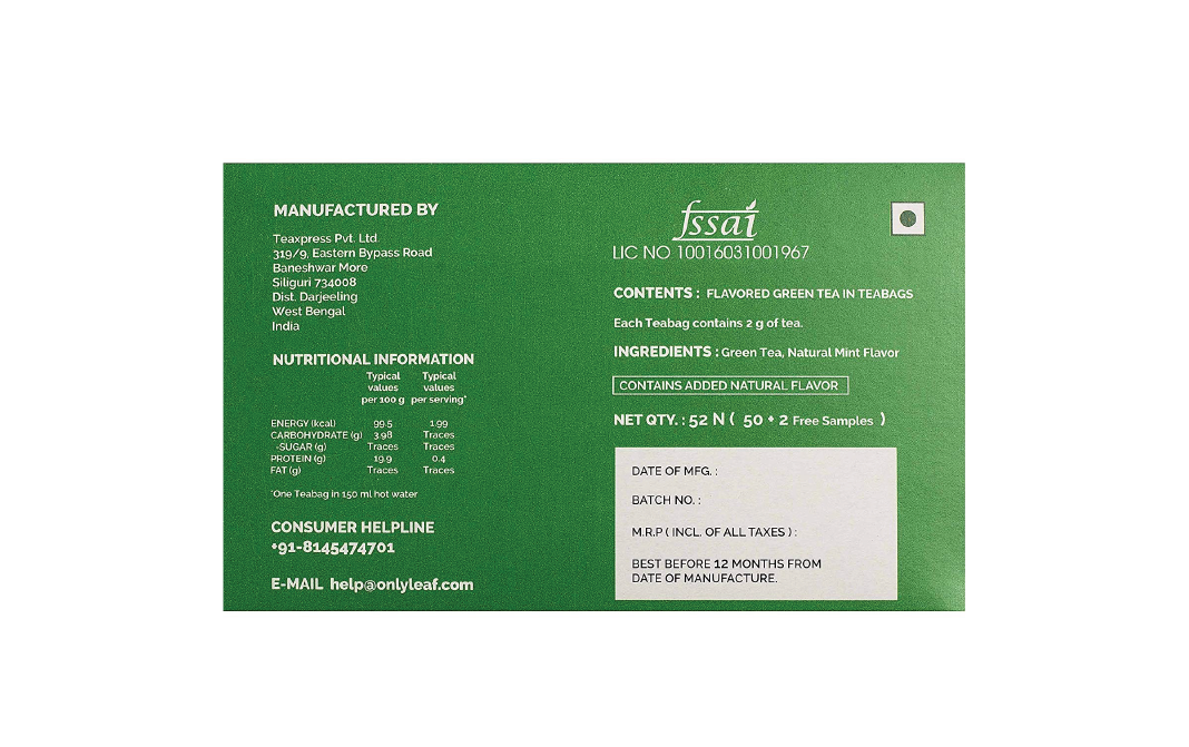 Only Leaf Mint Green Tea    Pack  52 pcs